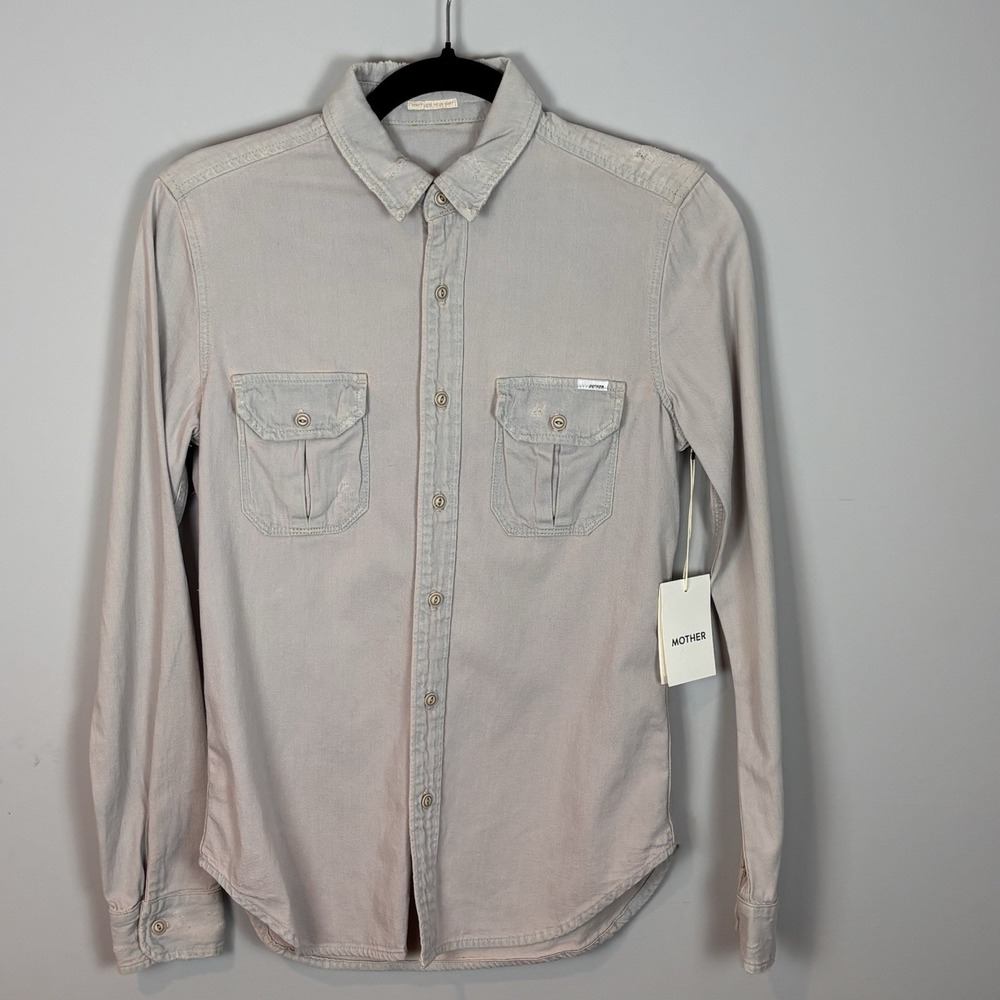 NEW MOTHER The Matey Button Down Distressed Beige Shirt XS NWT $290 Streetwear